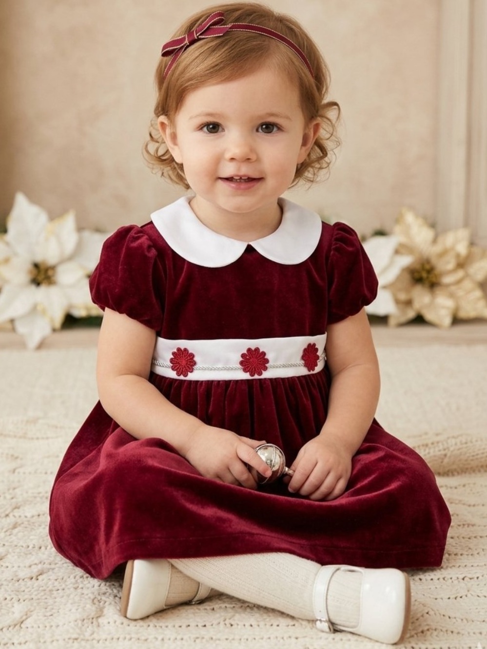 Little Bitty Velvet Baby Holiday Dress Red/White Peter Pan Collar 18 months